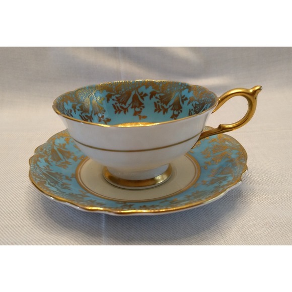 Paragon Teacup Saucer Bluebell Medallion Heavy Gold Gilt Double Warrant Vtg 40s - Picture 3 of 16